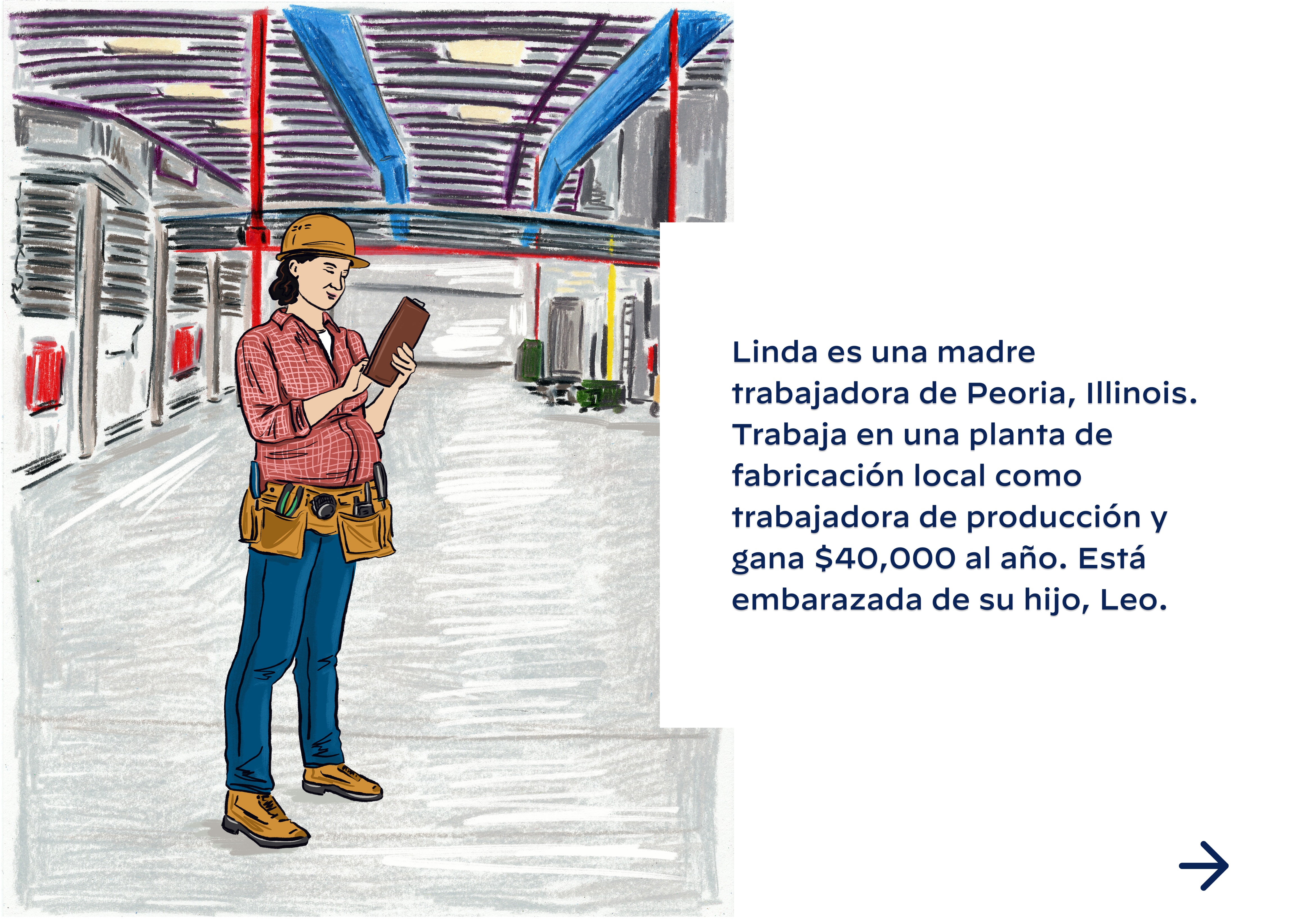 Linda es una madre trabajadora de Peoria, Illinois. Trabaja en una planta de fabricación local como trabajadora de producción y gana $40,000 al año. Está embarazada de su hijo, Leo.