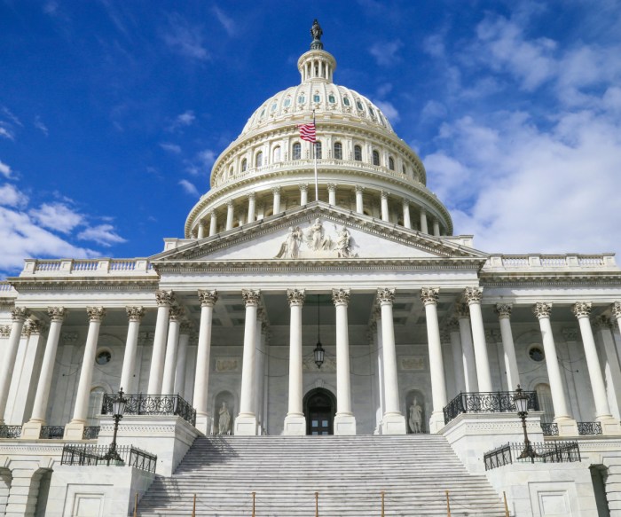 United States Capitol as seen during the day from a low angle