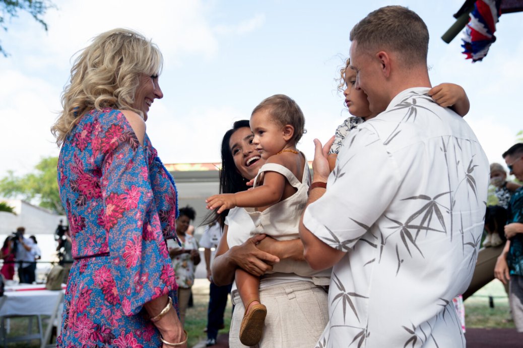 First Lady Jill Biden meets with military families during a barbeque