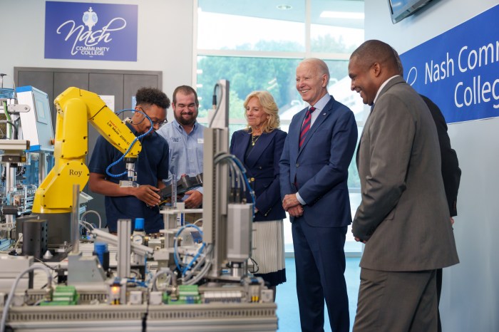 President Joe Biden and First Lady Jill Biden observe demonstrations by students during a tour of Nash Community College, Friday, June 9, 2023, in Rocky Mount, North Carolina.