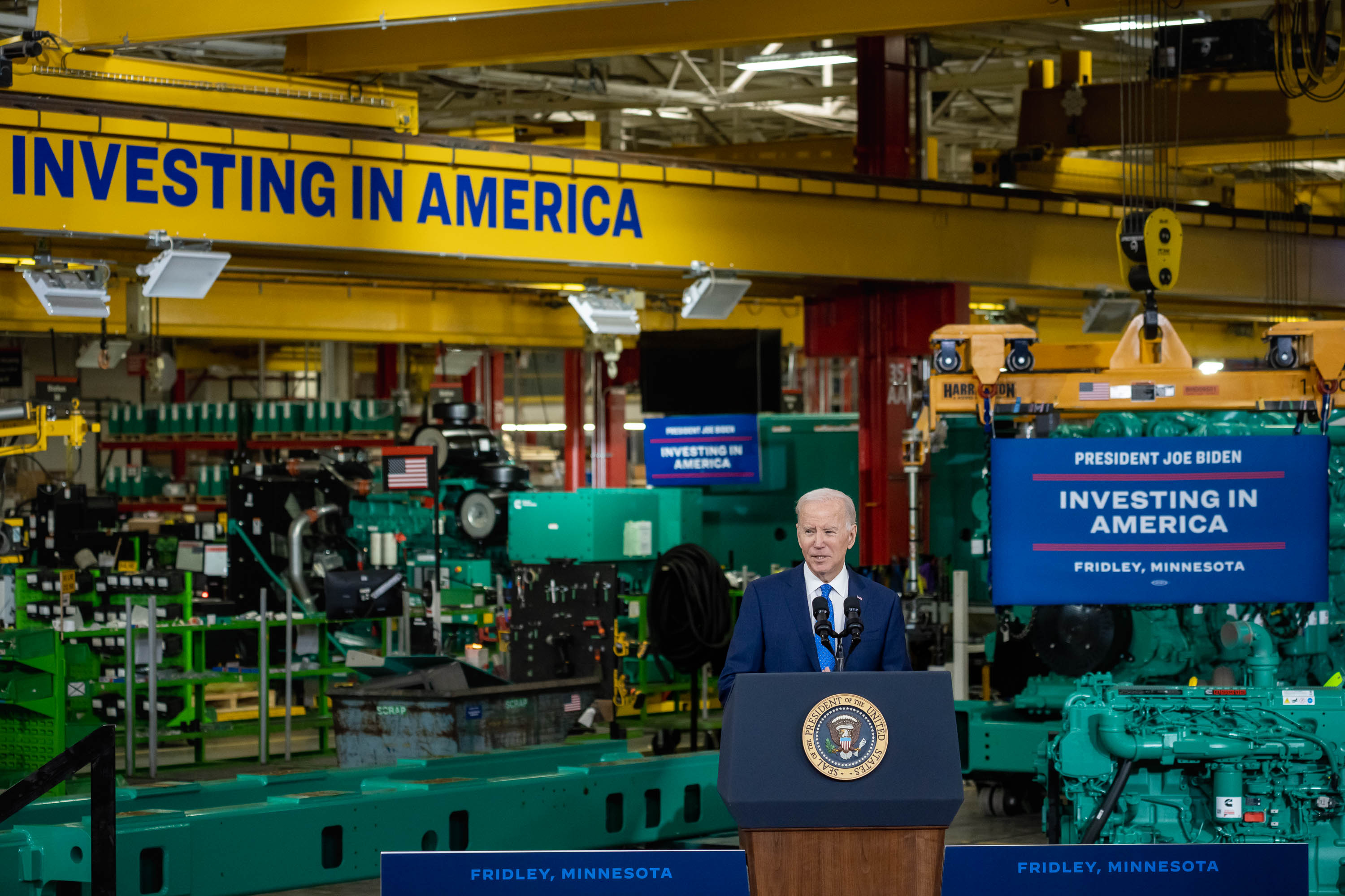 President Joe Biden delivers remarks on “Investing in America”, Monday, April 3, 2023, at the Cummins Power Generation facility in Fridley, Minnesota.