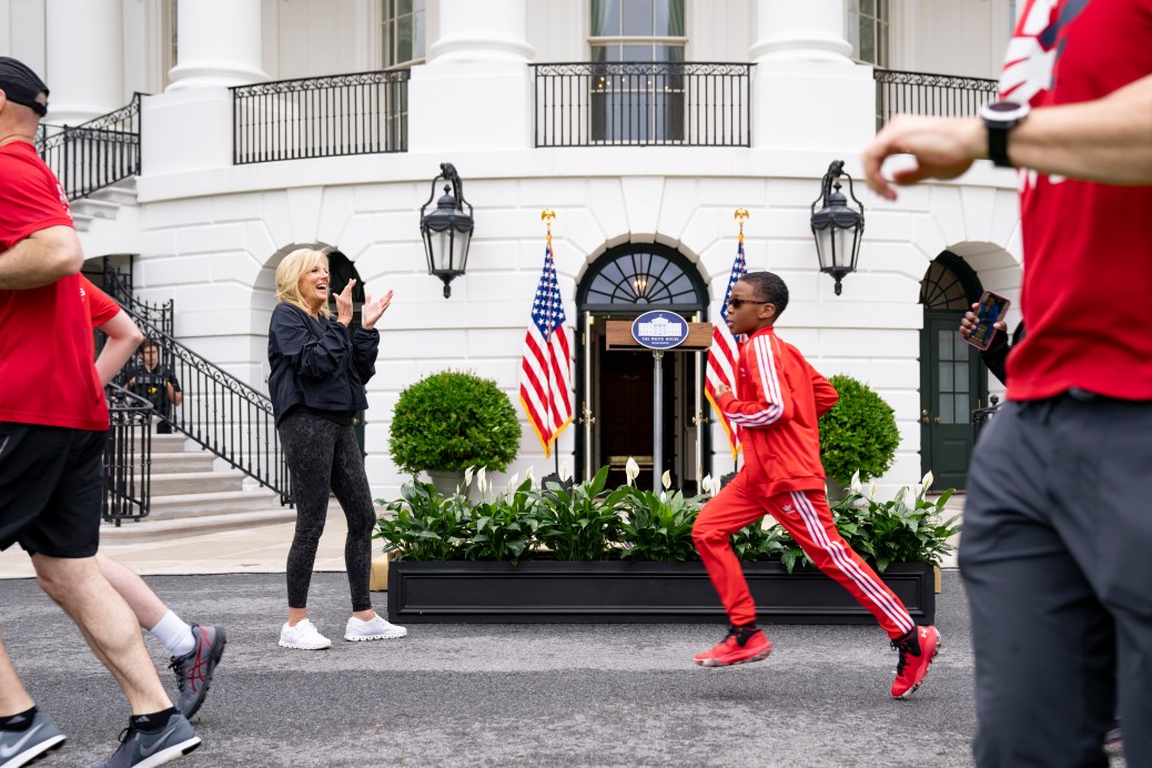 First Lady Jill Biden hosts a south lawn Joining Forces Military Kids Workout with Team RWB, Saturday, April 29, 2023, at the White House. Participants include Secretary of Veterans Affairs Denis McDonough and his son Edward, Air Force Secretary Frank Kendall III and his son James, and RWB workout leader Will Reynolds and his family.