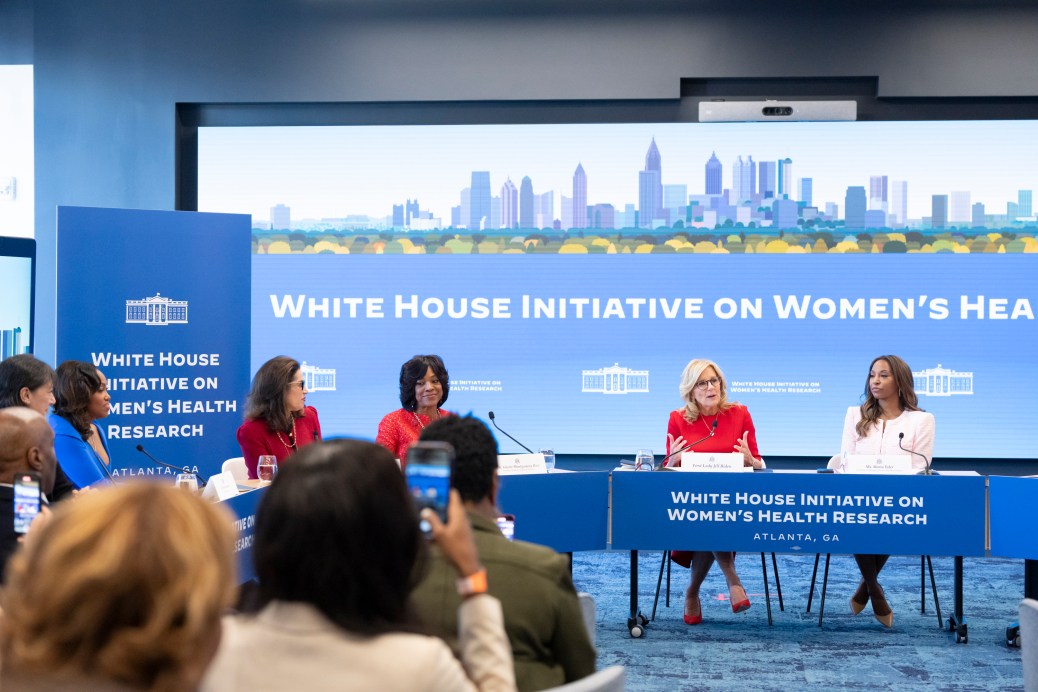 First Lady Jill Biden attends a Women’s Health Research roundtable, Wednesday, February 7, 2024, at Coda at Tech Square in Atlanta.